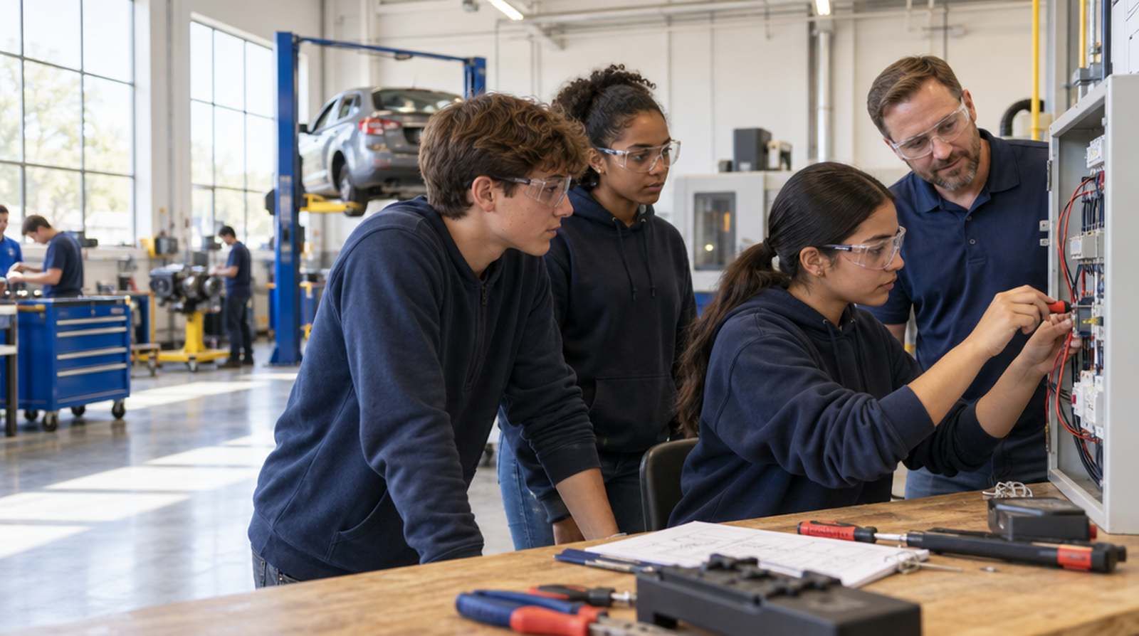 Students wiring an electrical training panel in a WinterVille Tech shop