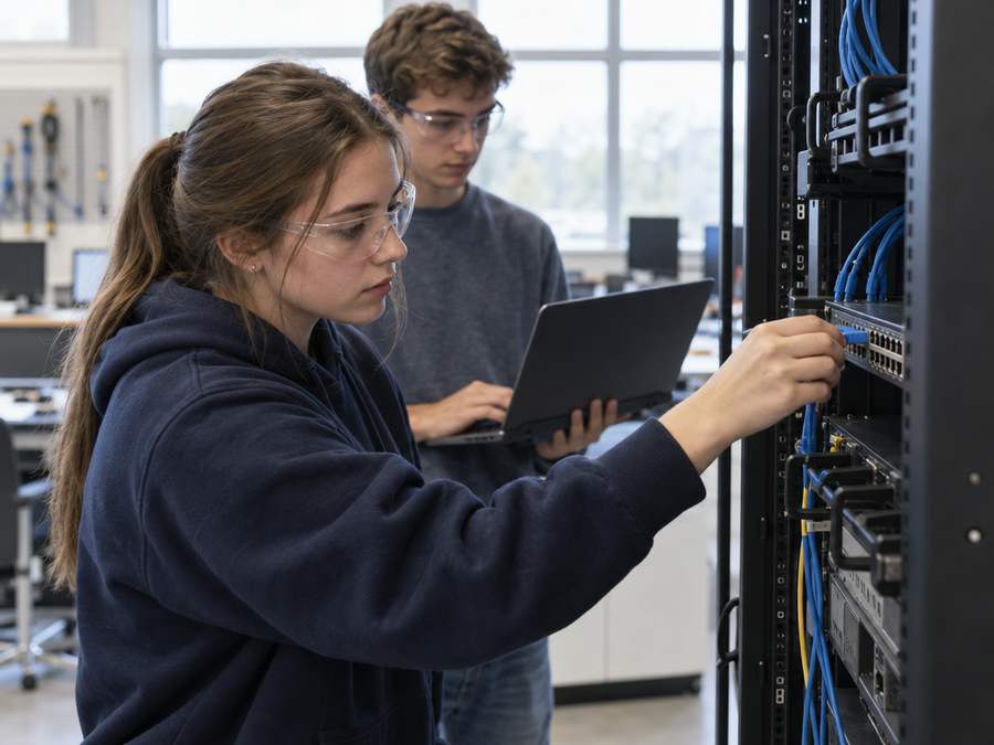 Two students connecting network cables in the information technology lab